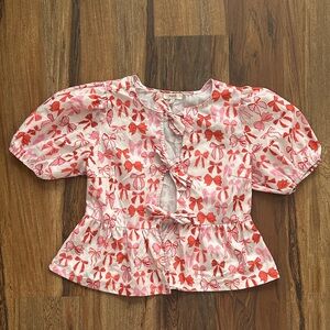 Peach Bow Print Tie-Up Blouse Size Small